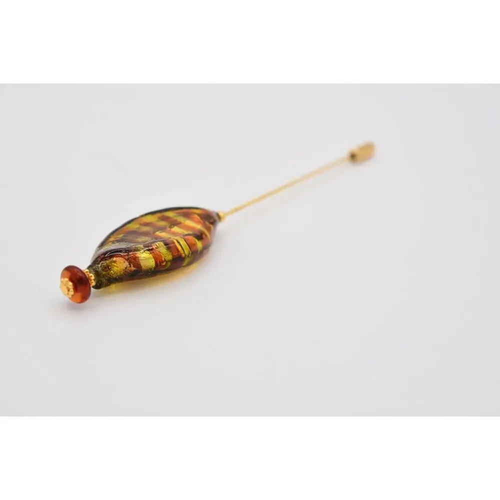 Vintage Murano Glass Stick Pin Gold Tone Artisan Blown Yellow Brown Amber BinAT